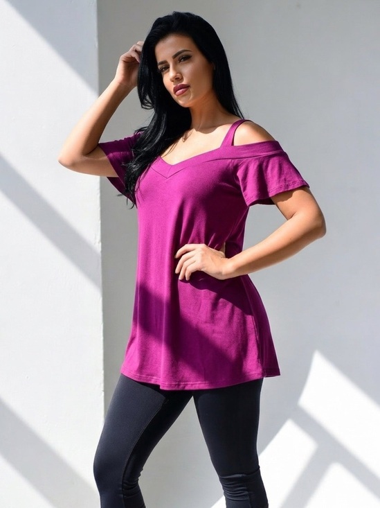 Tops - Magenta Cold Shoulder Tunic Top Strappy V-Neck Short Sleeve Size S